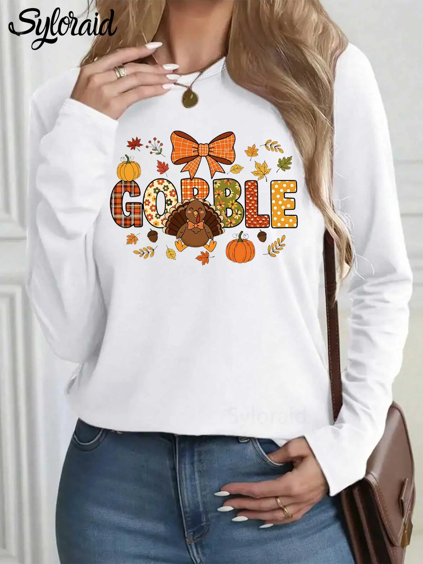 T-shirt a maniche lunghe da donna T-shirt con stampa Turchia del Ringraziamento Camicia di ringraziamento T-shirt Turchia autunnale Moda girocollo Top casual