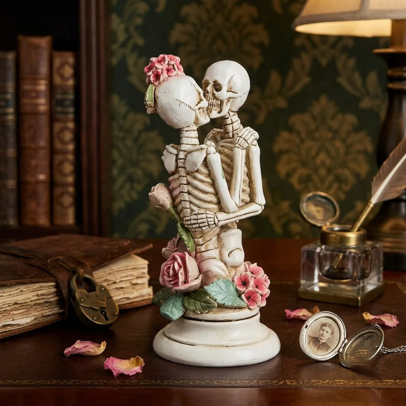 Cross-border new product resin skull couple ornaments eternal flower skeleton lover statue Halloween