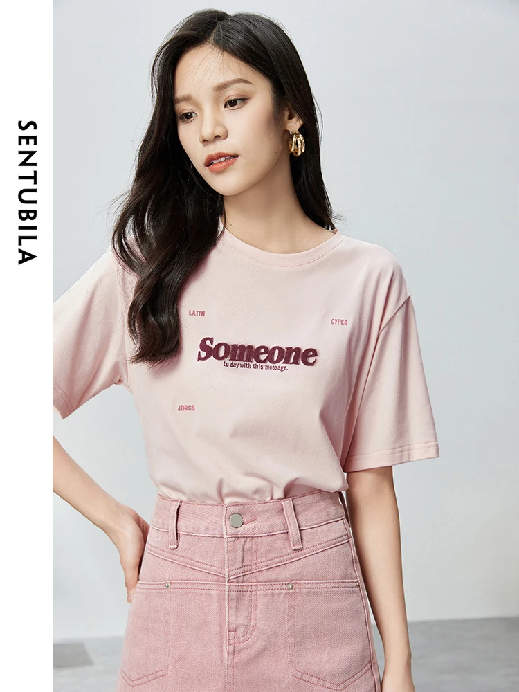 

SENTUBILA Simple Letters T-shirt for Women 2024 Comfortable Summer T Shirts Casual Round Neck Loose Short Sleeve Tops 142T54559