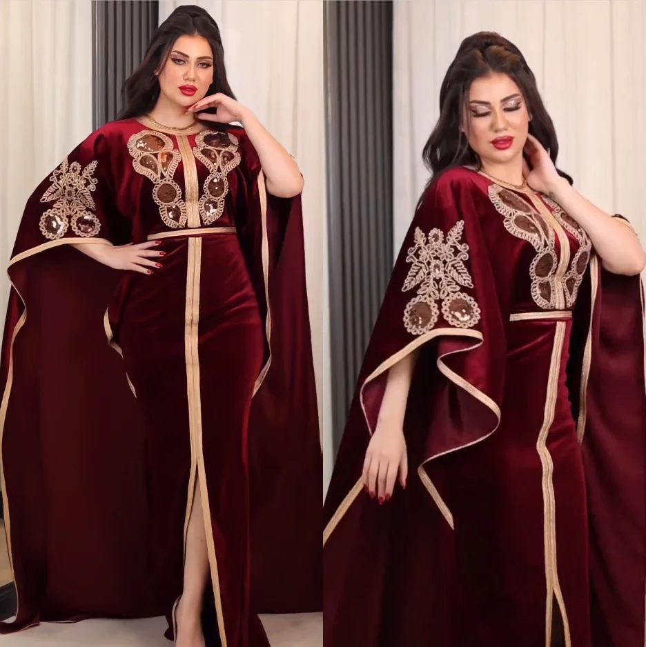 Vestido muçulmano de veludo dourado, vestido de festa, árabe e Dubai, elegante, 2023