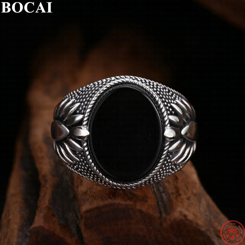 BOCAI S925 Sterling Silver Charms Rings for Men Retro Sunflower Pattern Inlaid Black Agate New Fashion Punk Jewelry ﻿Wholesale