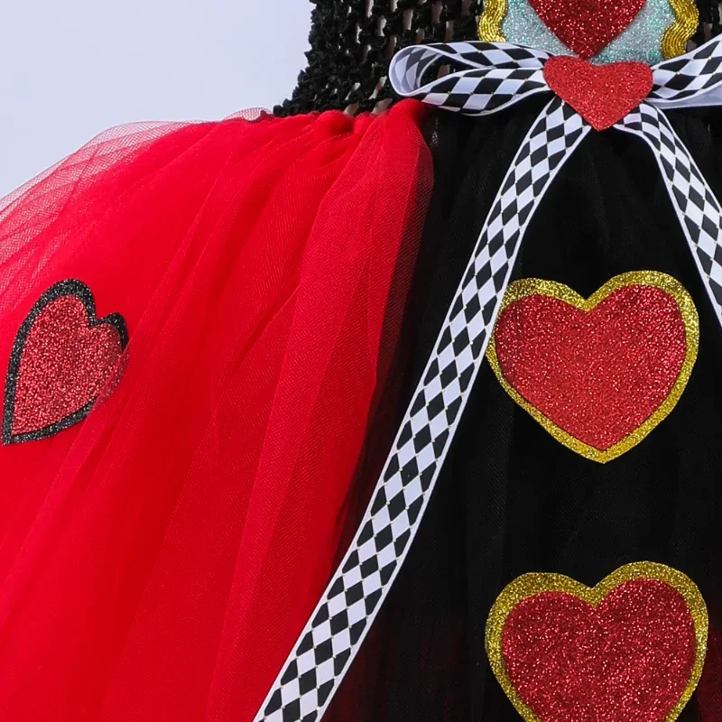 Girls Queen of Hearts Costume Kids Halloween Dress up Fancy Tutu Dress with Crown Classic Wonderland Red Queen Gown Clothes