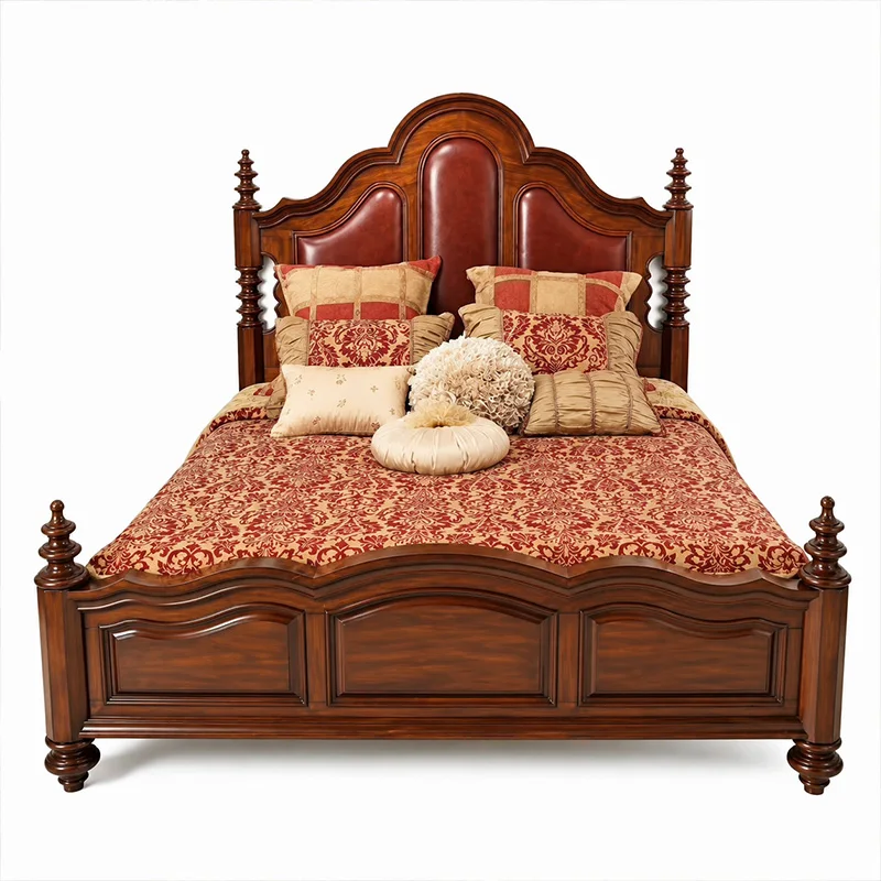 ie-Luxury Retro Traditional Soft Bed Solid Wood Frame Tall Curved Headboard PU Leather Padded Multi Turned Spindle Posts Villa-
