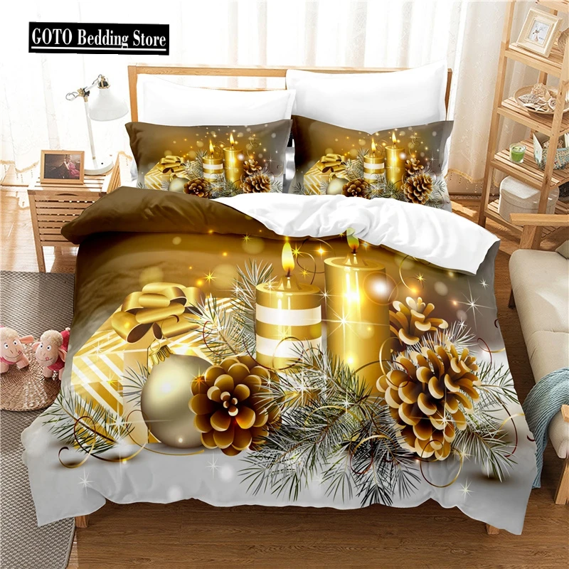 

Luxury Home Textiles Bedding Set Duvet Cover Pillowcases Merry Christmas Candle Ropa De Cama China Bed Set Golden High Quality