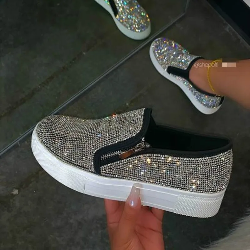 2024 New  Woman Sneakers Platform Vulcanized Women Bling Crystal Loafers Autumn Women's Casual Flats Female Zip Sport Shoes