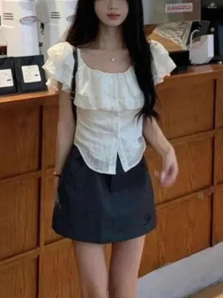 

Pure Desire Sweet New 2 Piece Set Women Summer Korean Fashion Solid Sexy Suit Female Straight Shoulder Tops + High Waist Skirt