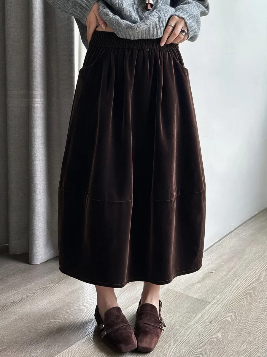 Retro High Waist Elastic Velvet Half Skirt Women's Autumn Slim A-Line Umbrella Skirt Pure Color Casual Style Fashionable