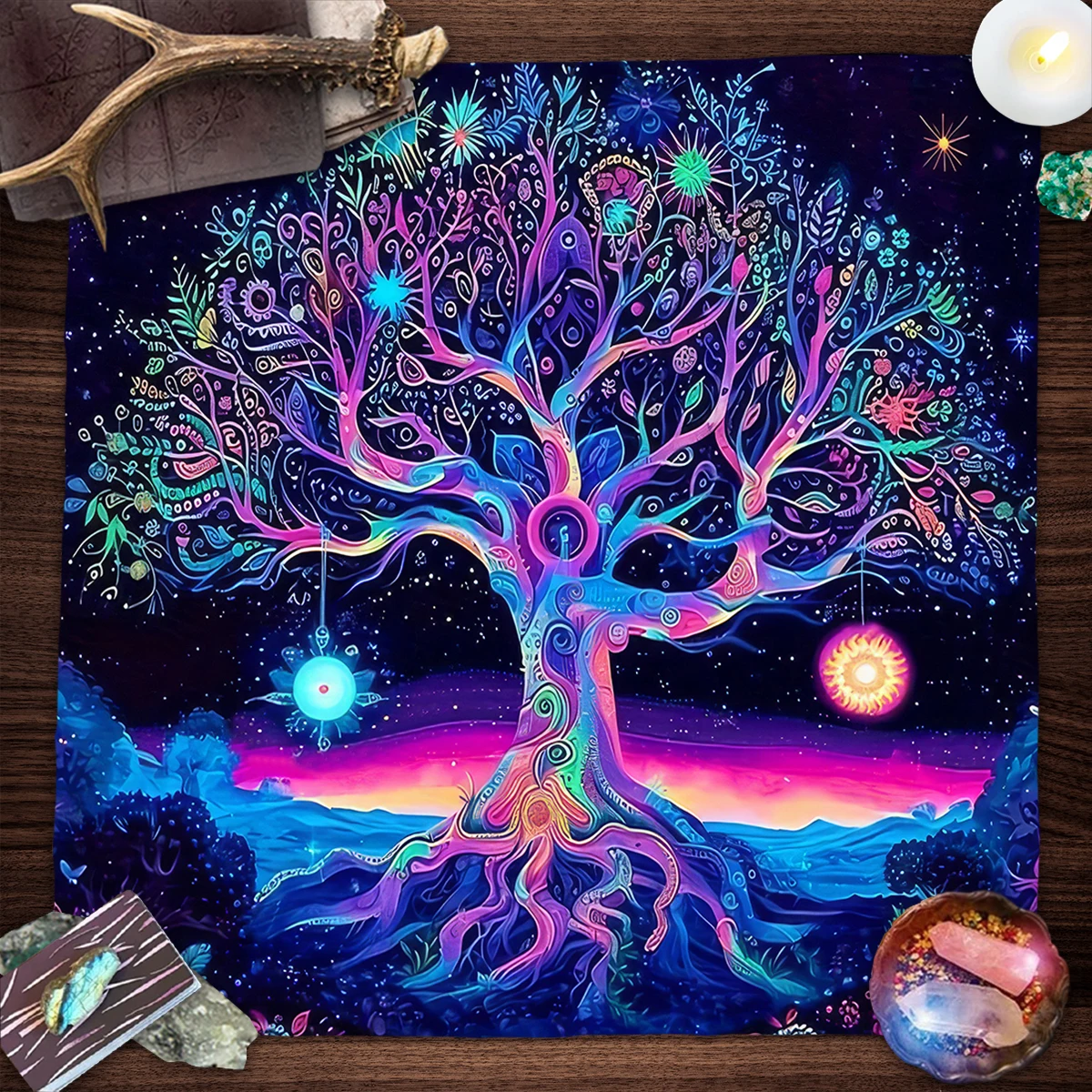 Colorful Life Tree Tarot Cloth Altar Cloth Starry Sun Moon Tarot Tablecloth for Reading Witchcraft Astrology Oracle Card Mat