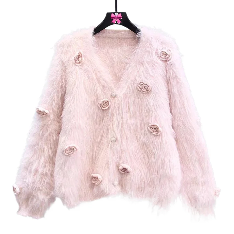 

Женский вязаный кардиган с цветком норки, свободный свитер, осень-зима