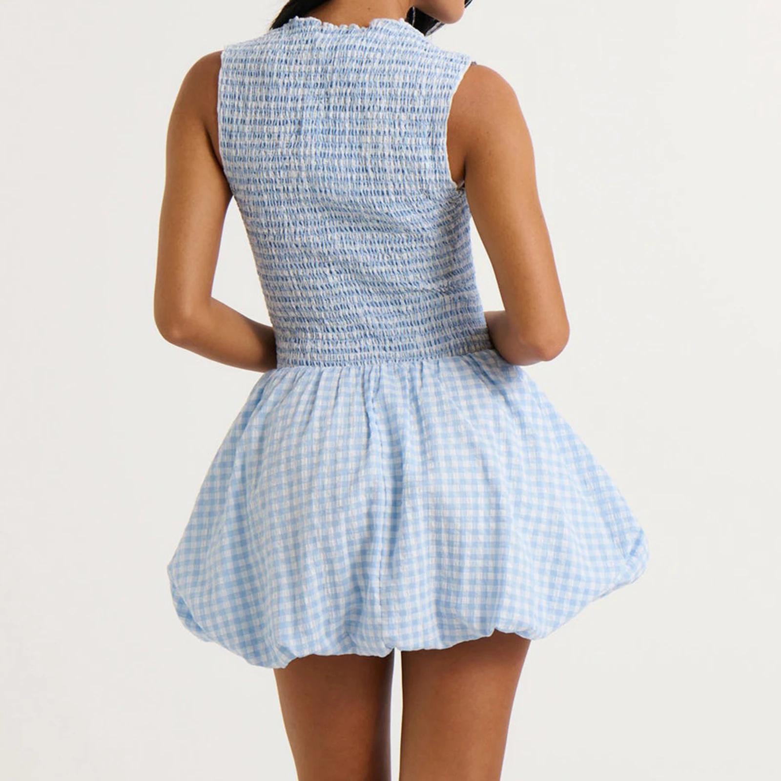 Nowa moda damska sukienka w kratkę w kratkę, marszczona, wokół szyi, bez rękawów, Mini sukienka bąbelkowa na codzienną imprezę klubową S-XL