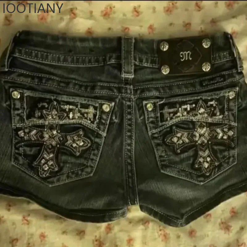 Mini Shorts Womens Harajuku Vintage Cross Graphic Pockets Embroidery Low Waist Shorts Gothic Sexy Hot Girl Hip Denim Shorts 2026