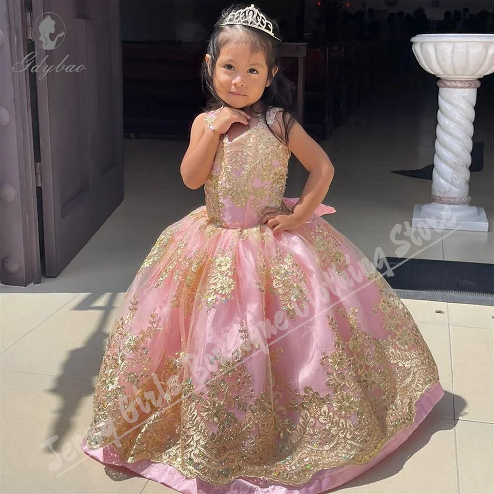 golden-lace-applique-pink-flower-girl-dress-fluffy-sleeveless-princess-style-for-birthday-and-baptism-ceremonies