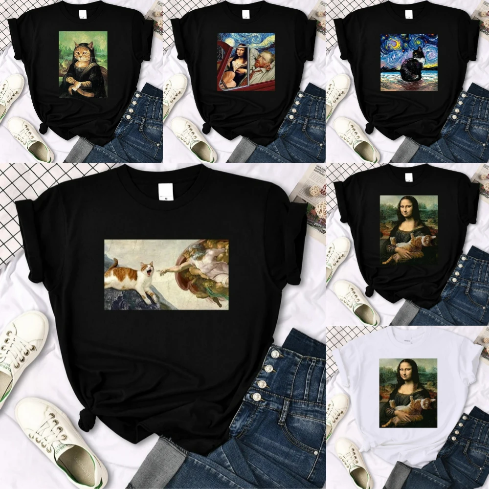 모나리자 고양이 프린트 반팔 티셔츠 이미지