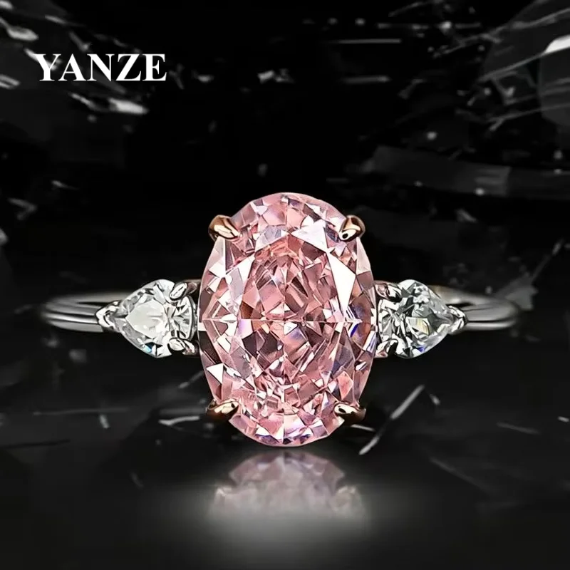 Yanze 4CT Lab Oval Pink Diamond Ring For Women 925 Sterling Silver 18k Gold Plated Sweet Romantic Engagement Wedding Jewelry