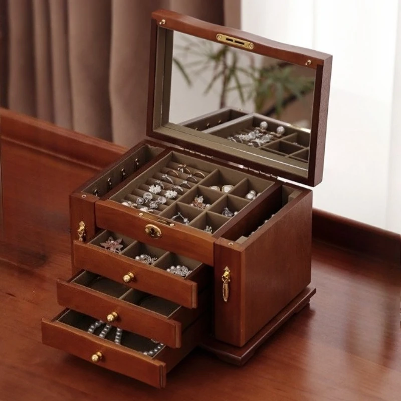 나무 보석 보관 상자 거울 잠금 보석 상자 대형 팔찌 목걸이 보석 보관 케이스 귀걸이 반지 팔찌 주최자