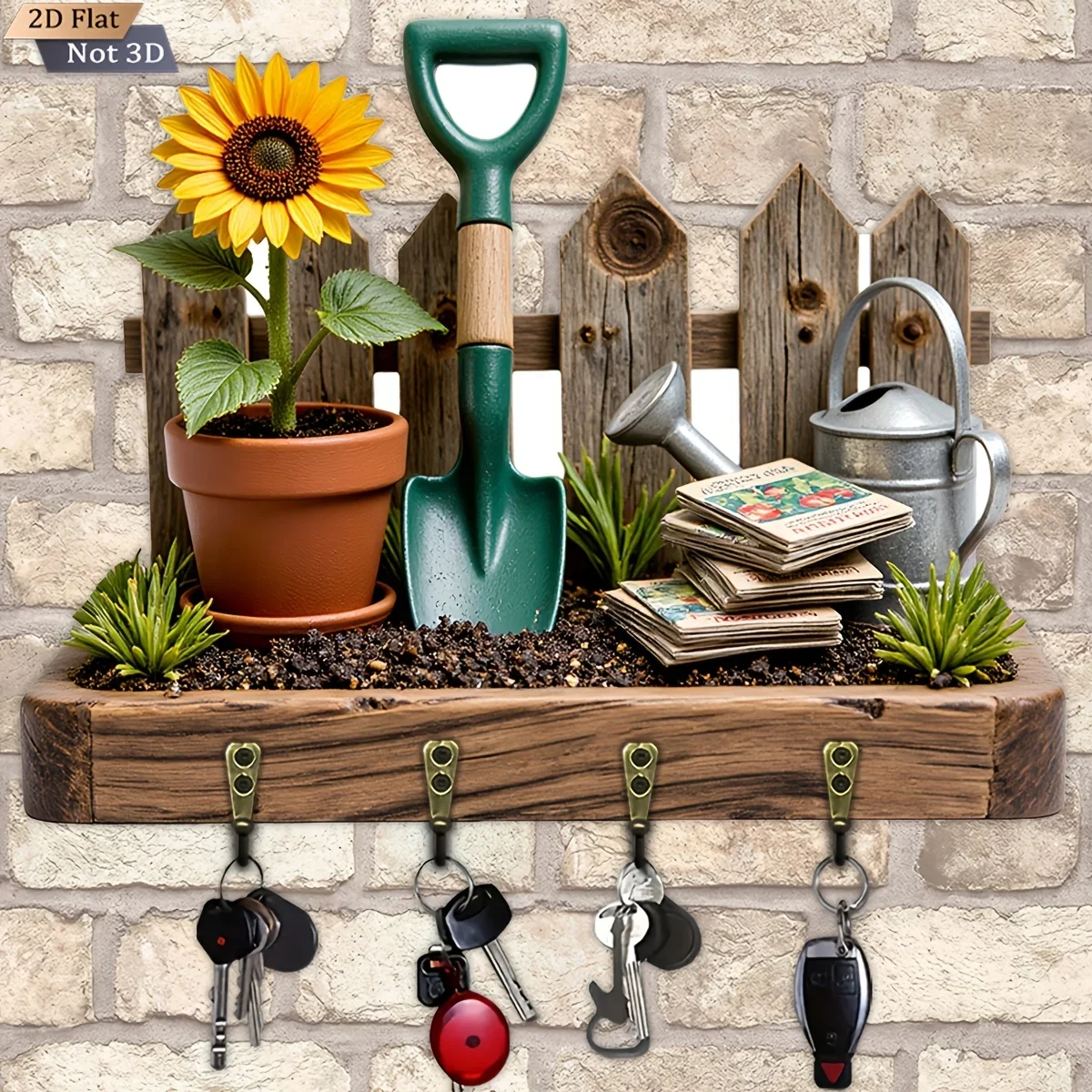 2D Flat, 1pc, Sunflower Trowel Garden Style Wooden Multi-functional Home Key Hook & Rack, with Four Metal Hooks, Wall