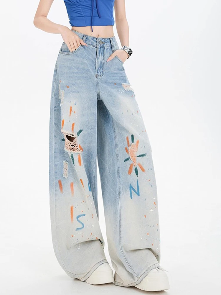 2K American Craft Jeans Women Graffiti Ripped Wide Leg High Waisted Spring Summer Street Floor Versatile Pants