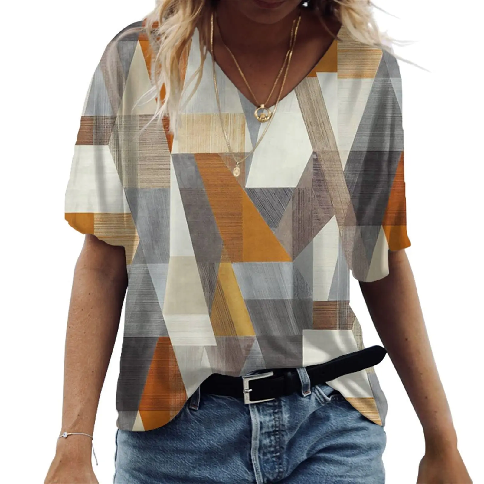 Fashion ladies V-neck elegant fashion short sleeve T-shirt summer 3d printing irregular printing loose tops multiple colors