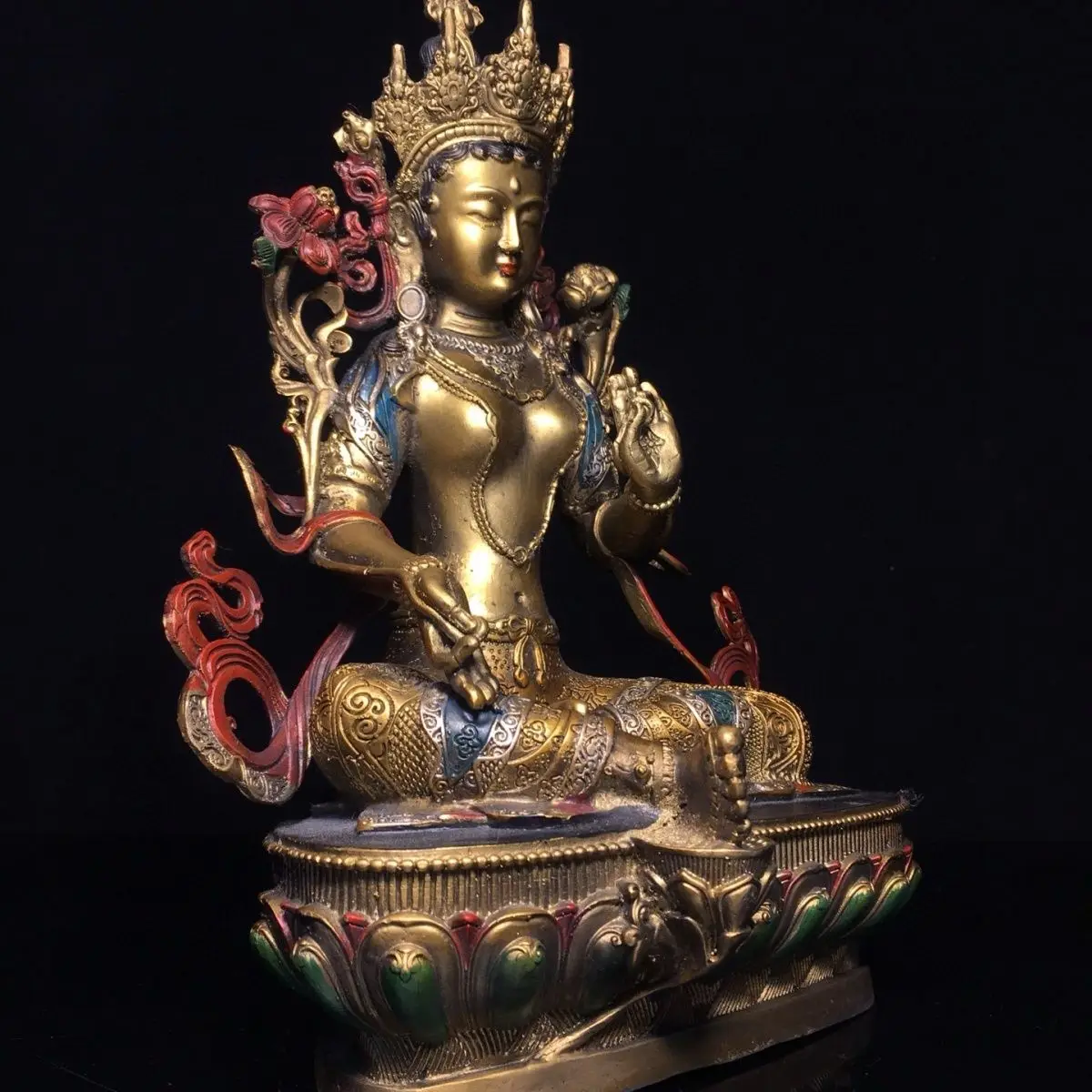 30cm Tibetan Buddhism Gilt Painted Green Tara Statue Goddess of Compassion Buddha Altar Feng Shui Worship Home Decor