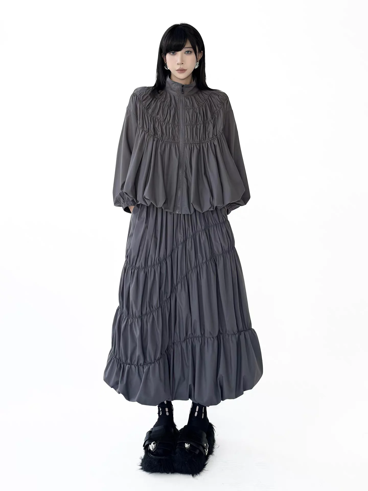 Fashionable Bloom Design Shirt Skirt Set Women's Spring Summer Loose Lazy Style Stand Collar Zipper Shirt Half Body Skirt