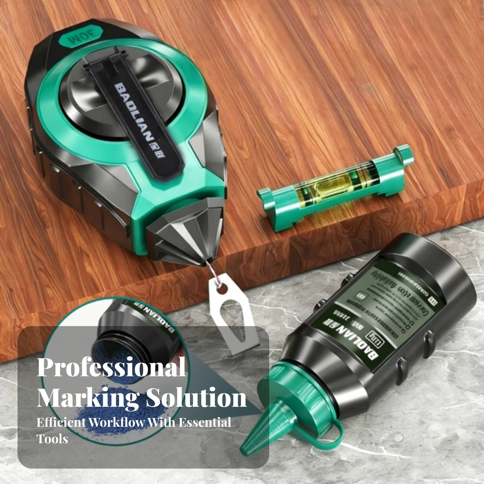 

3 Pieces Hand Crank Manual Chalk Line Reel Set Chalk Line Marking Set Spirit Level for Woodworking