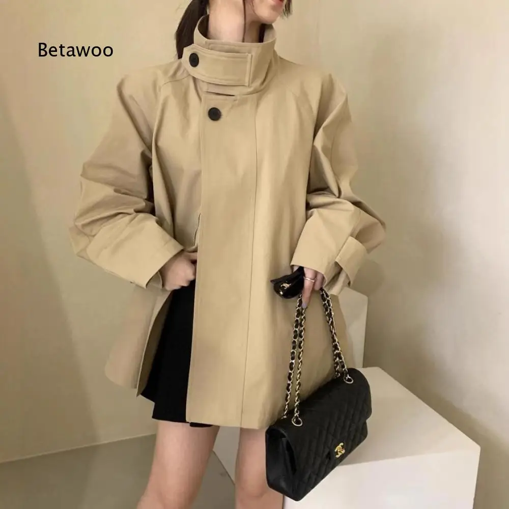 High Stand Collar Short Trench Coat For Ladies Raglan Sleeve Loose Solid Color Outerwear With Button Detail For Everyday Outfits