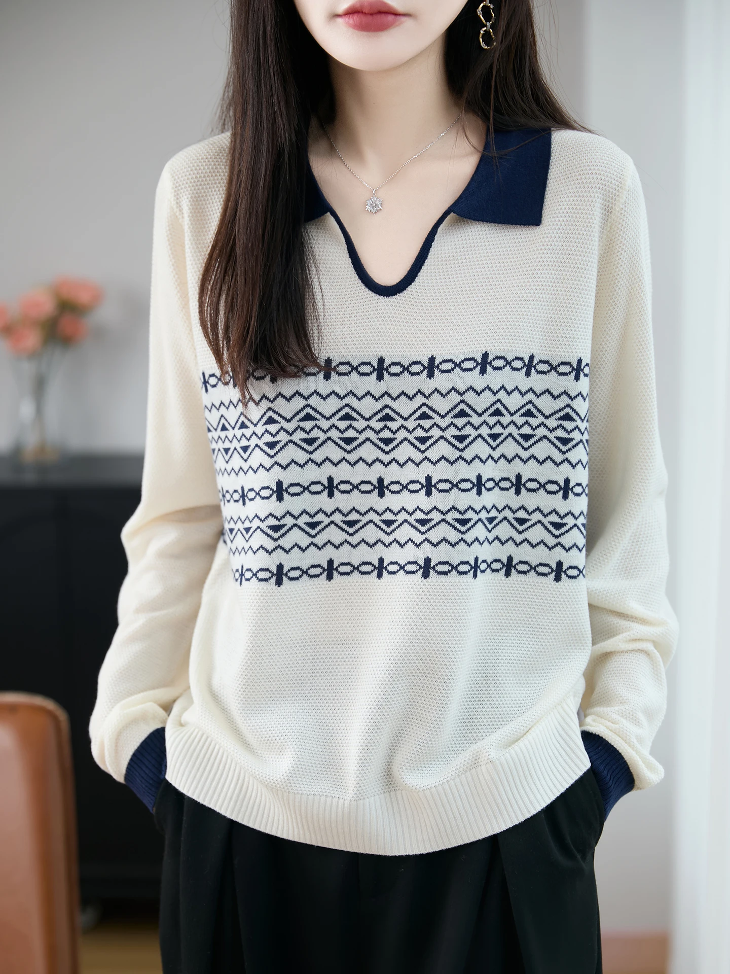 

Early Autumn Color Blo Collar Knitted Base irt Women's Faionable Large Size Autumn Winter Sweater Commute Sle Loose Fit