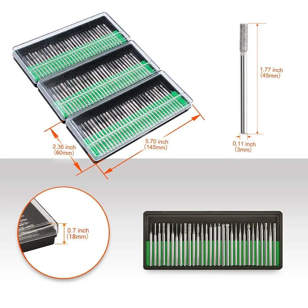 Diamond Burr Bit Drill Kit for Rotary Tool Metal Woodworking Router Grinding Engraving Carving 1/8