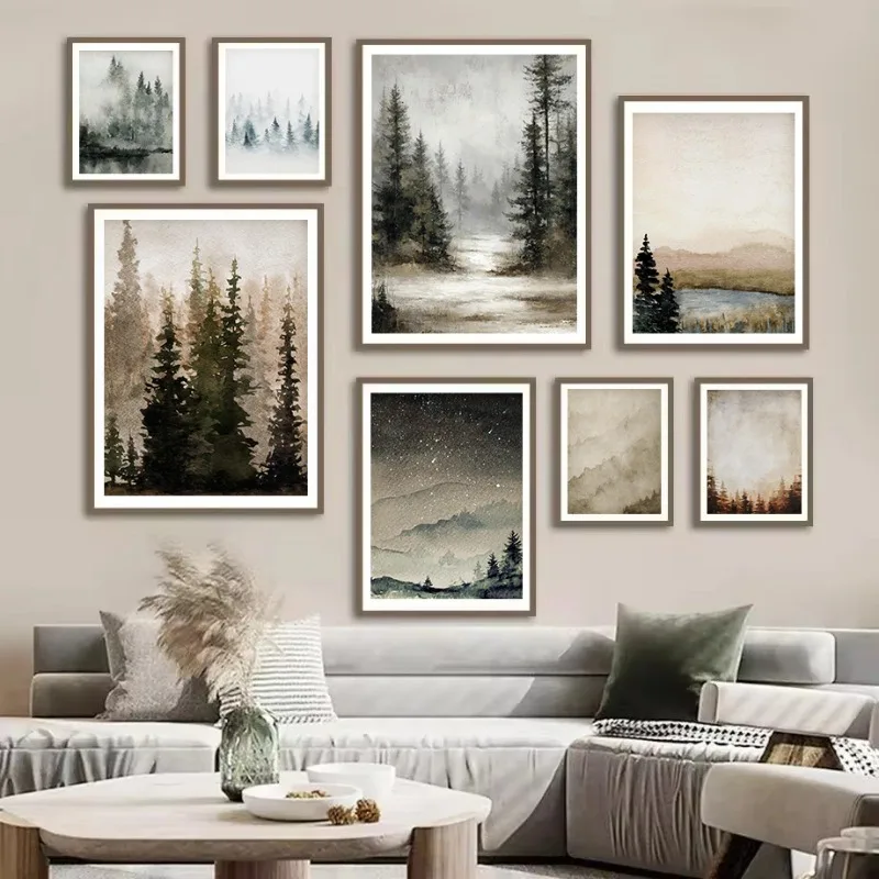 Watercolor Pine Tree Misty Forest Mountain Winter Landscape Aesthetic Poster Canvas Painting Wall Art Pictures Home Decor
