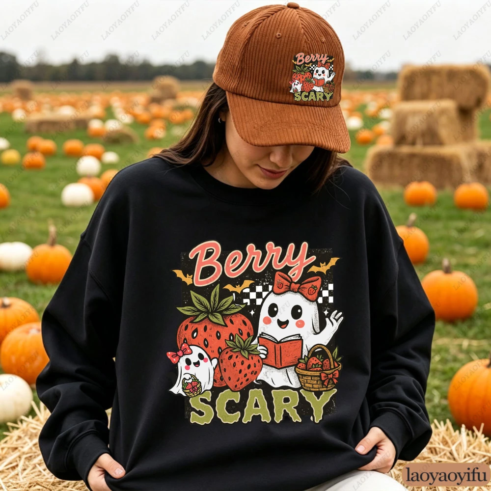 Berry Scary Strawberry Ghost Women Sweatshirt Cute Halloween Fruit Crewneck Pullover Autumn Winter Long Sleeve Top Clothes Women