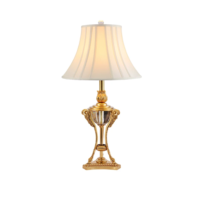 French Style Copper Table Lamp European Luxury Indoor Decorative Bedside Antique Brass Fabric Desk Light