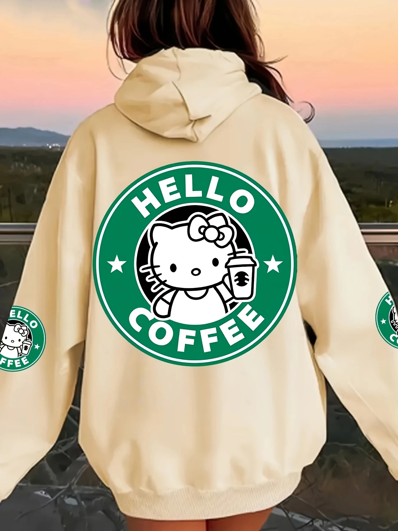 

Hello Kitty Coffee Inspired Cotton Hooded Sweatshirt Cute and Trendy Style Casual Long Sleeve Sweatshirt for Girls Hoodie Unisex