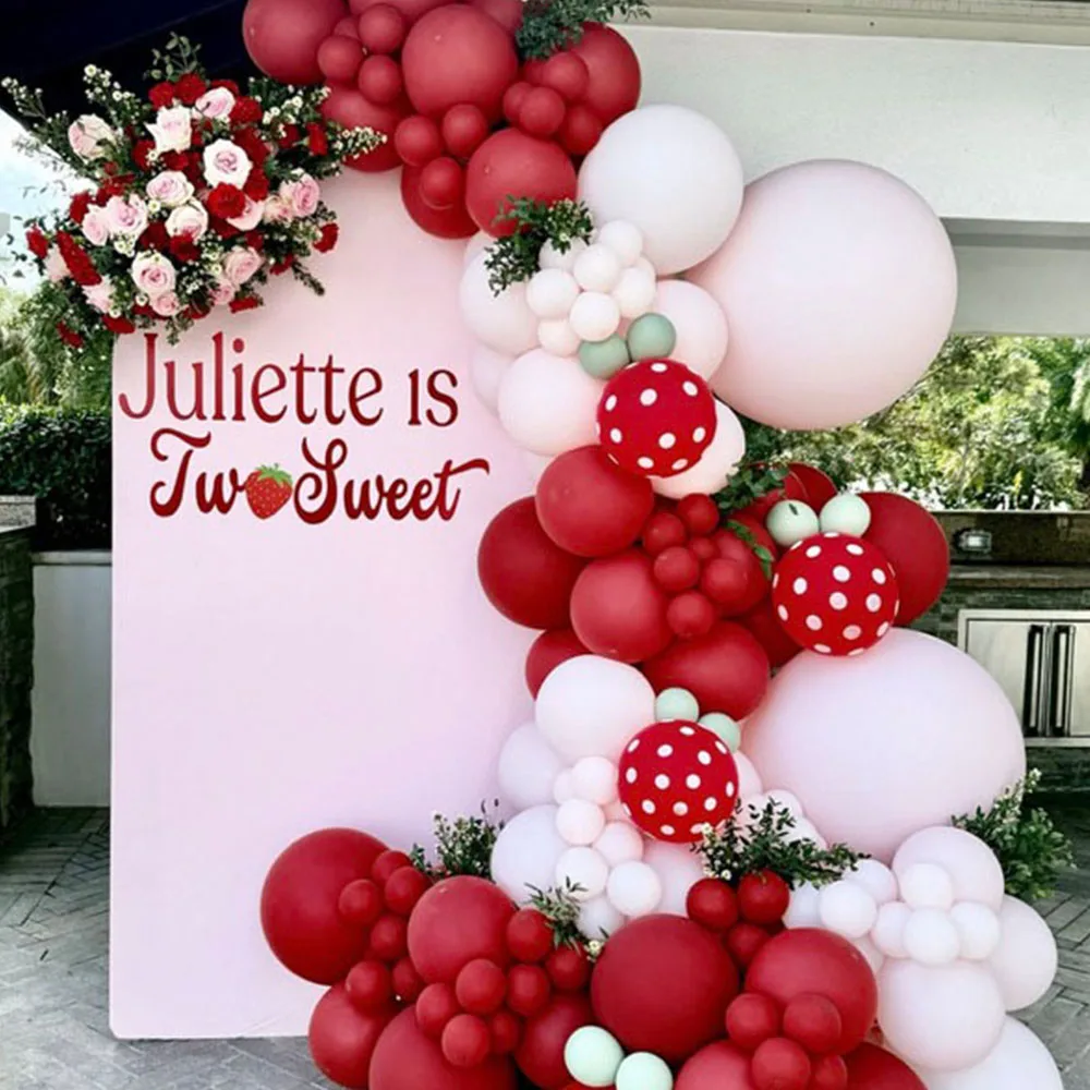 

136Pcs A set of Red Strawberry Themed Balloon Wreath and Arch Set for Weddings Birthdays Parties and Single Party Decorations