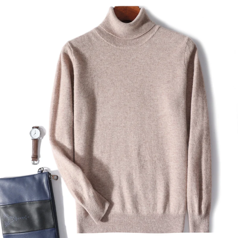 Spring and Autumn New Cashmere Sweater Men's High Polo Collar Pullover 100% Pure Wool Knitwear Casual Loose Basic Underlay Shirt