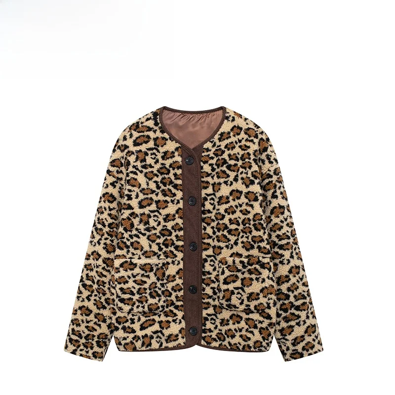

ZAB Faion Leopard Print Long Sve Loose Outerwear Women's Autumn New Sle Casual Design Polyester Fiber round Ne ort...
