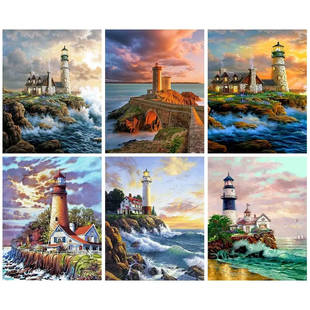 

CHENISTORY Full Diamond MosaicTower Diamond Embroidery 5D Set Seaside Scenery Art Painting Crafts Needlework Wall Decoration