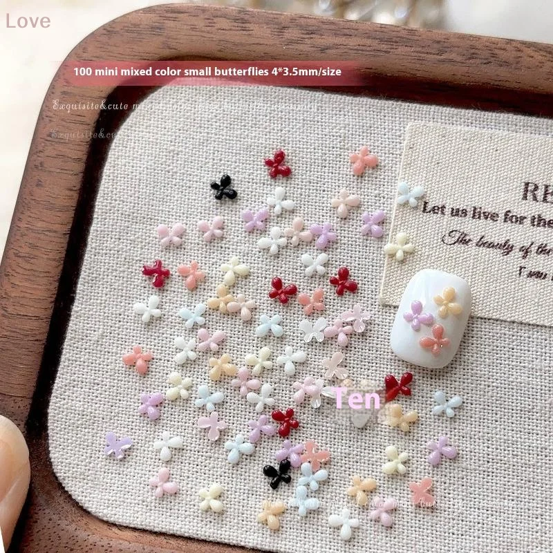 100Pcs Nail Enhancement Mini Mixed Color Bow Resin Flat Bottom Nail Decoration Nail Charm Accessories