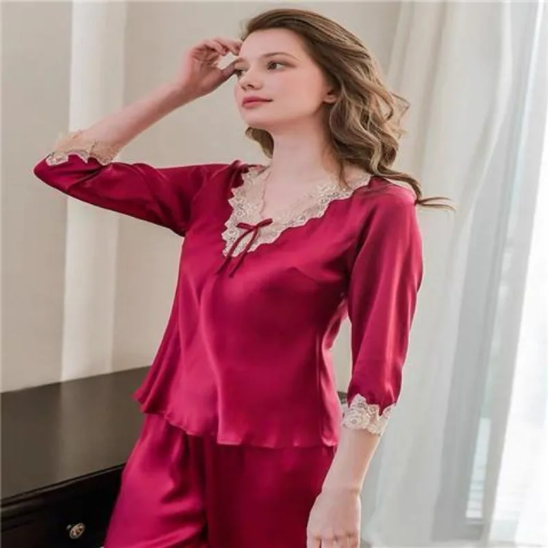 Women Silk Sleepwear Lace Tops Pants Pajama Sets Two Piece Suit Loungewear Sexy V-neck Nightwear Luxury Brand Women Clothing