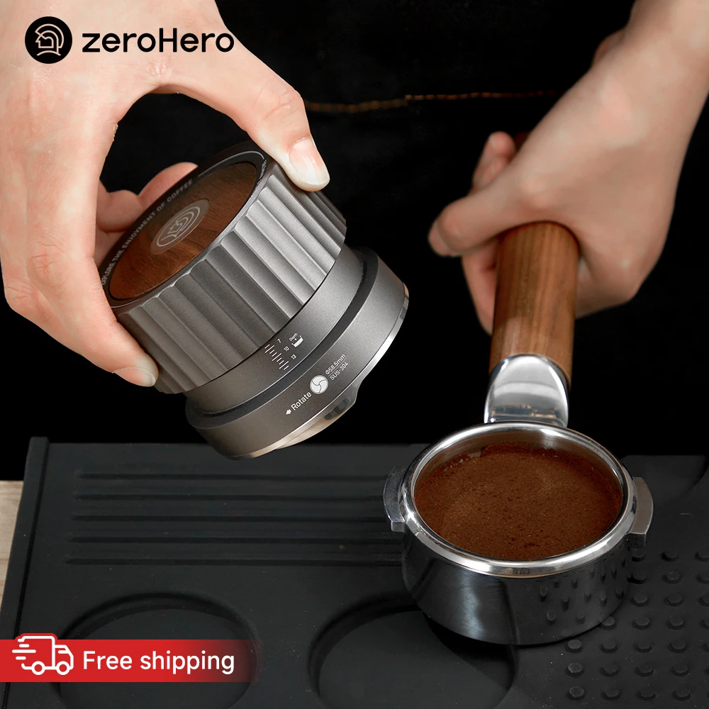zeroHero Adjustable Coffee Distributor 58.5mm 4-Spring Walnut Top 40 CNC Grooves for Home Barista Espresso Brewing Tools Pro Set