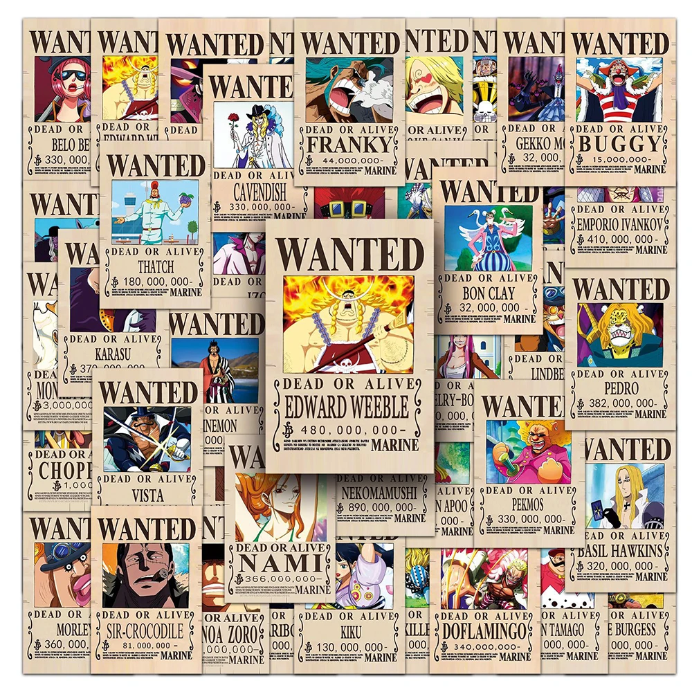 Autocollants classiques ONE PIECE Wanted, 10/30/100 pièces, stickers, dessin animé, cool, DIY, pour valise, ordinateur portable, vélo, cadeau pour enfant