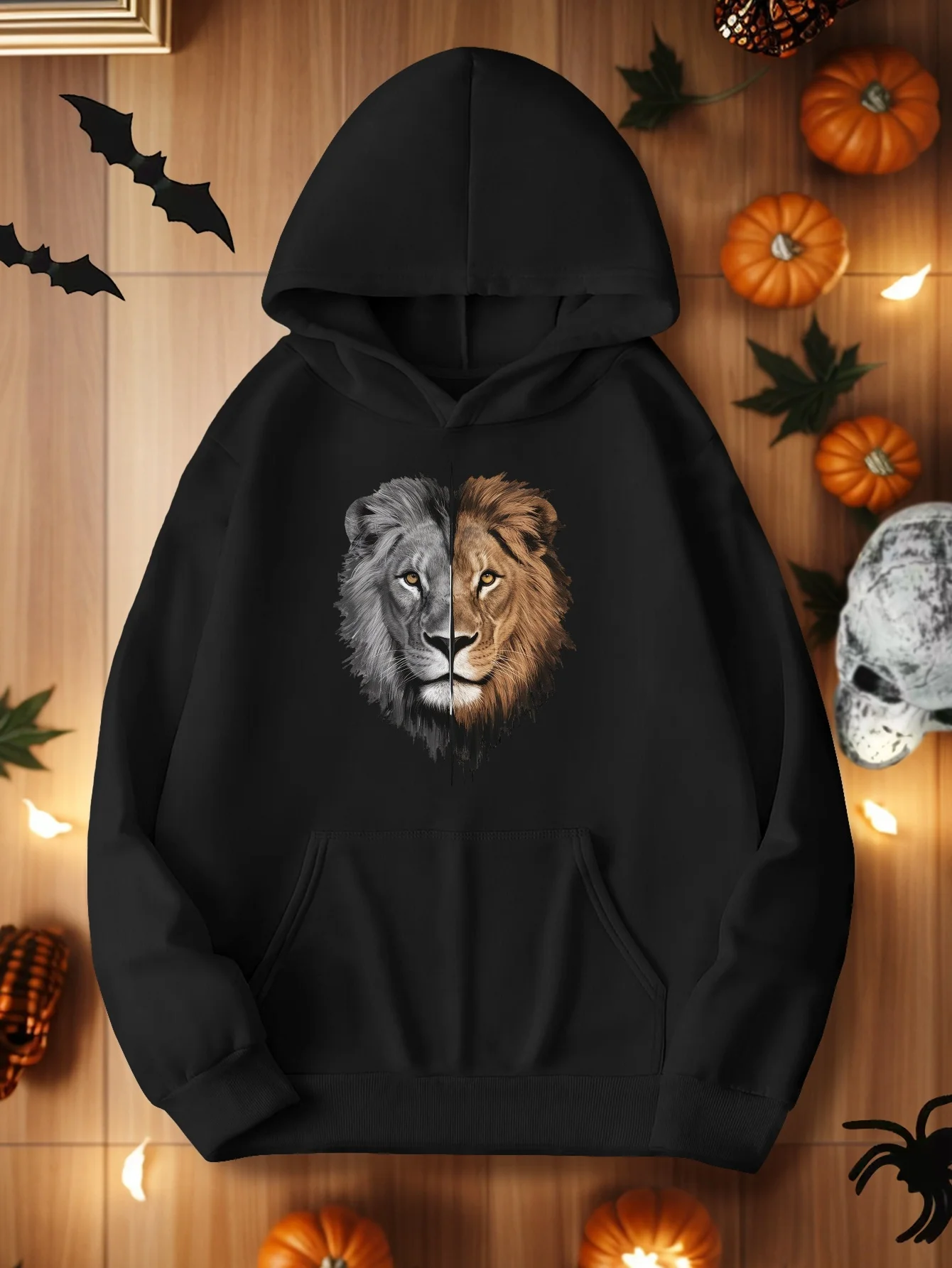 Толстовка с принтом льва, повседневная толстовка с карманом кенгуру и длинными рукавами, женская одежда