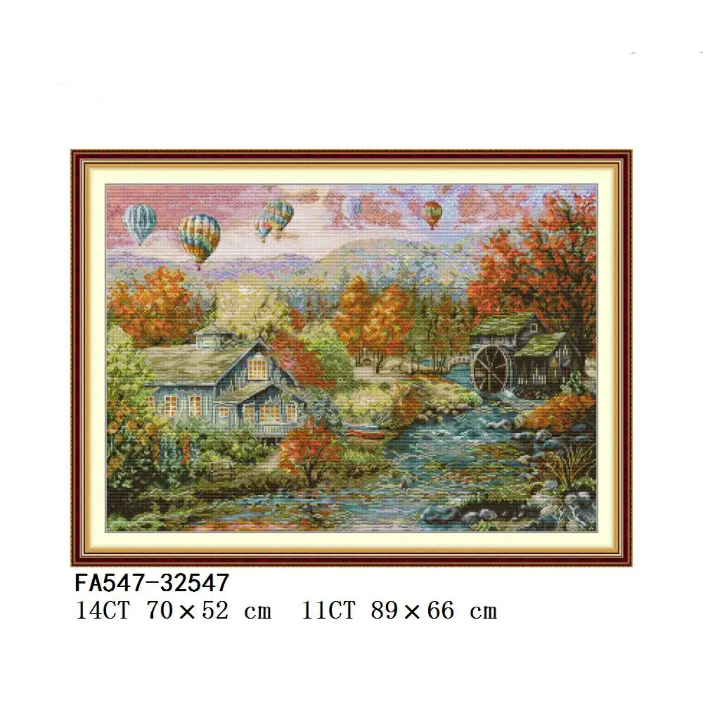 Joy Sunday Colorful Hot Air Balloons On The Bridge Autumn In The Valley Farms Cross Stitch Kit, F139, FA391, FA547, FA550