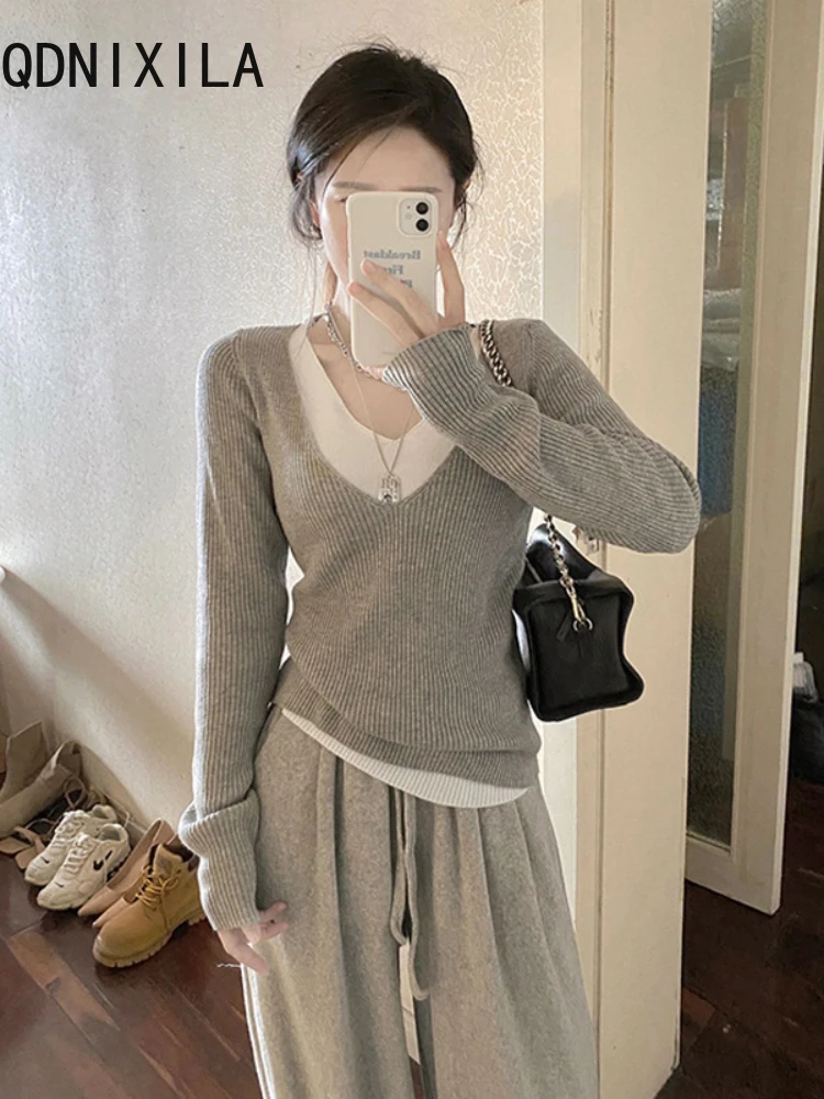 

New Knit Women's Sweater Grey Fake Two-piece V-neck Tops Slim Patchwork Pullover Sweaters Women Casual Fashion Knitwears Jumpers