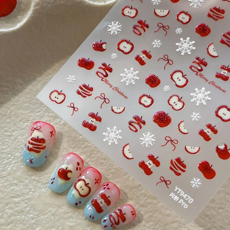5D Cute Apple Slice Fruit Peel Core Snowflake Glitter Shiny Pulp Bowknot Adhesive Nail Art Sticker for Phone Manicure Decals