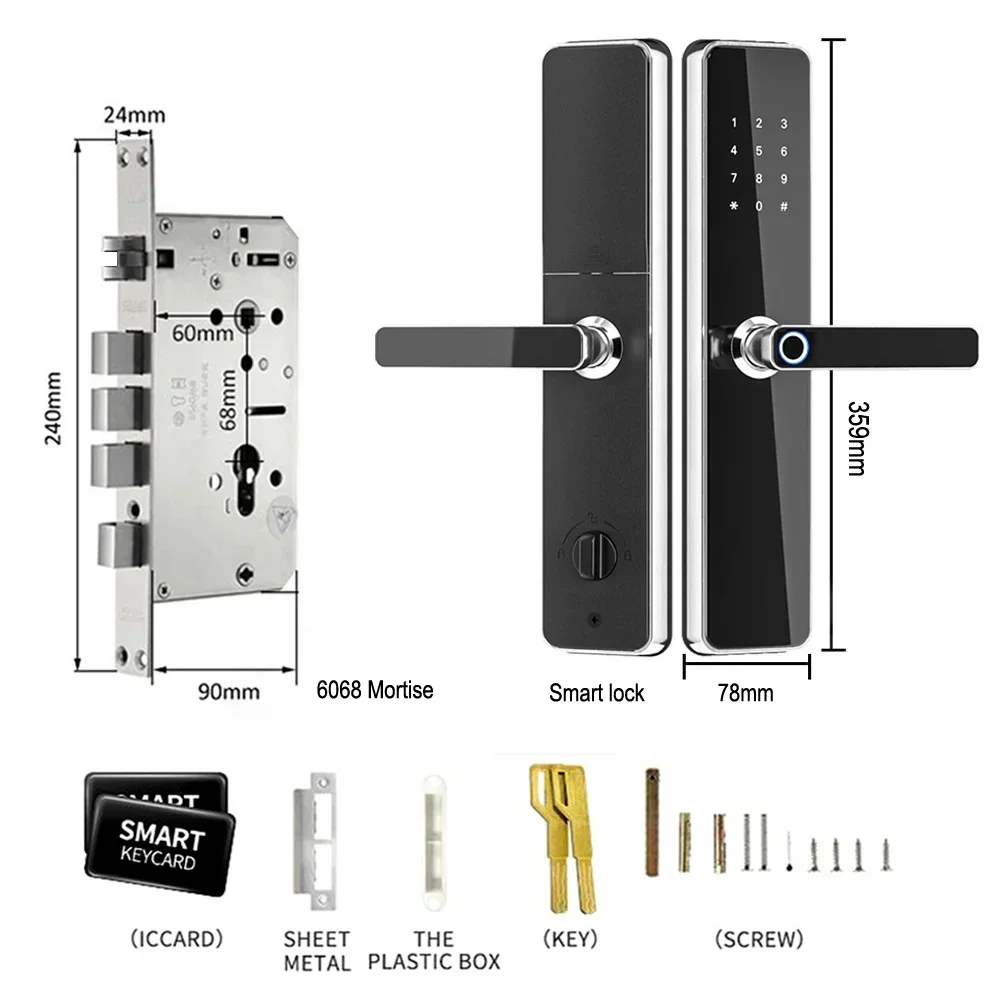 Serrure de porte à empreintes digitales en acier inoxydable doré, serrure à mortaise, serrures intelligentes numériques, sécurité 6068, application Tuya Smart Home