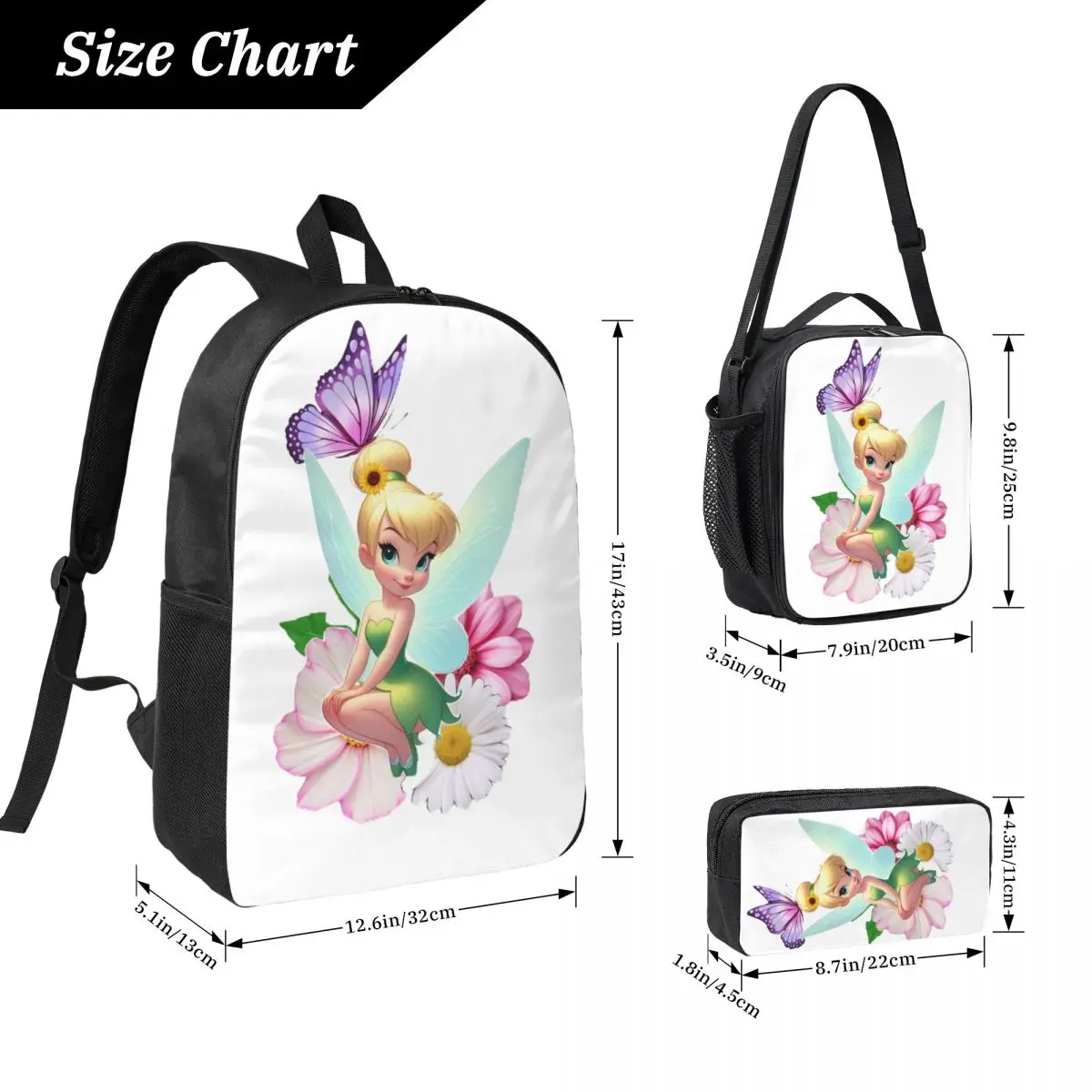 تينكر بيل أجنحة القوس بيتر بان ظهره صبي الفتيات BookBag حقيبة مدرسية حقائب كتف الكمبيوتر 3ps معزول حقيبة الغداء مقلمة