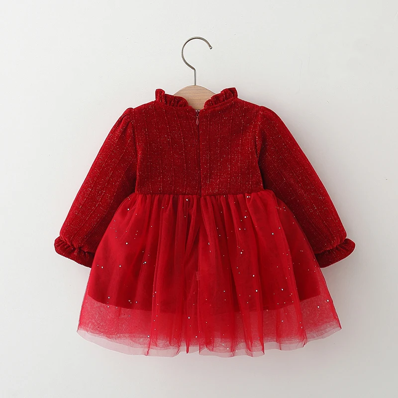 Winter 2/piece Christmas set girl baby dress+bag children\'s red party birthday princess mesh princess dress