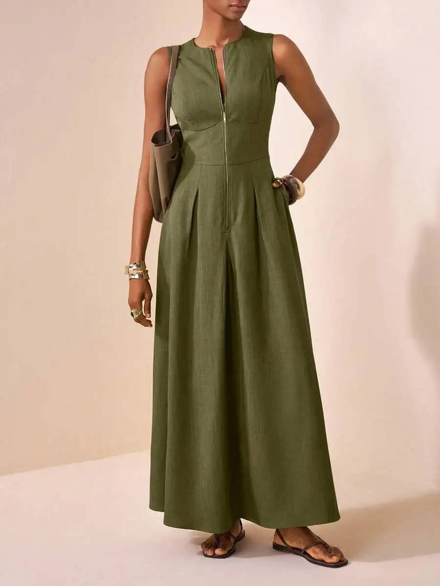 

Olive Green Sleeveless A-Line Maxi Dress With Front Zipper, Round Neck, Elegant Casual For Daily, Vacation, Party, Commute