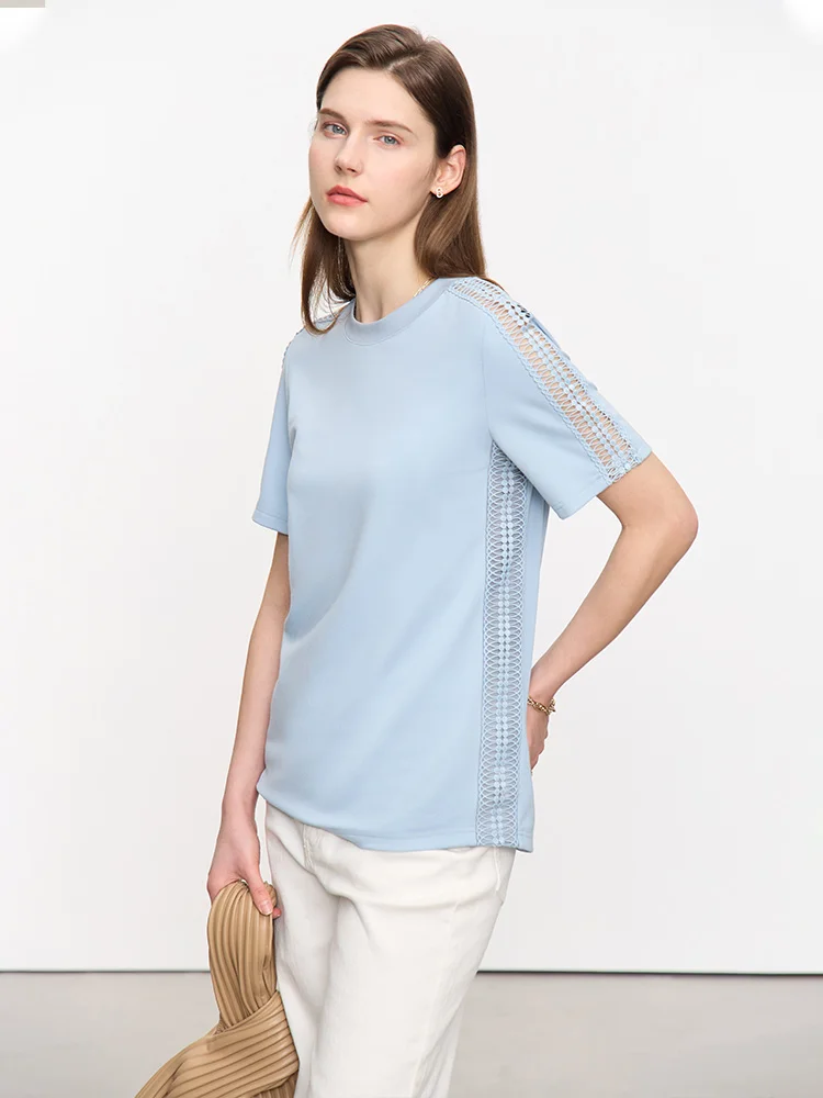 AMII Minimalism Top Women Straight Hollow Out Patchwork 2023 Summer New Casual Office Lady Short Sleeves Female Tees 12342439