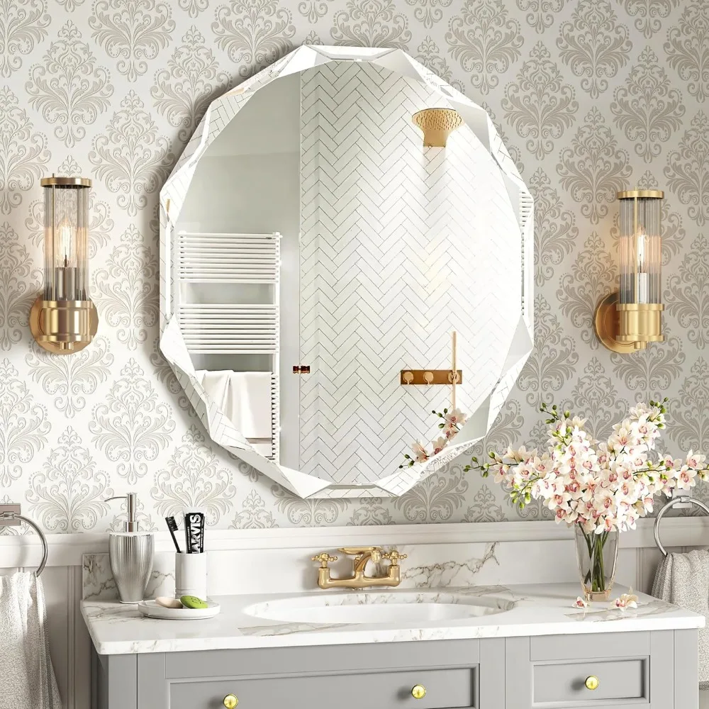 Beveled Edge Frameless Mirrors for Bathroom Sink 30'' X24'' Oval Vanity Mirror Wall Mounted Scalloped Bathroom Mirror Horizontal